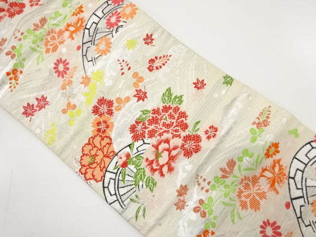 アンティーク　絽　荒波に片輪車・秋草模様織り出し名古屋帯（着用可）